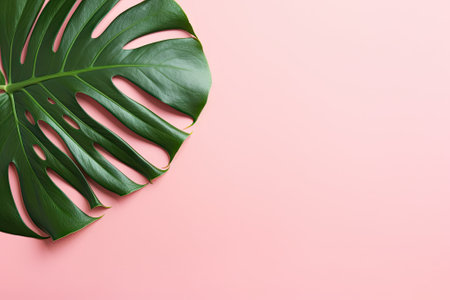 This is a minimal concept featuring a top view of tropical palm leaves Monstera on a pink backgroundの素材