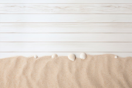 White wooden planks covered with sand, set against a summery backdrop. The arrangement is seen fromの素材