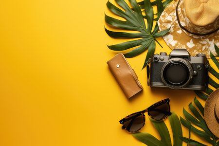 The image presents a travel or vacation concept with a top-down view of traveler accessories on a yeの素材