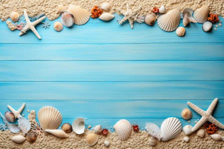 The theme of summertime is depicted with seashells and starfish placed on a blue wooden backdrop, alの素材