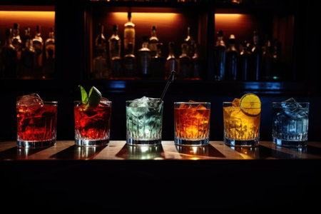 There are five drinks placed on the counter of the bar.の素材
