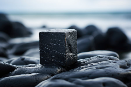 Using selective focus, this image showcases a black stone texture, with a backdrop of a beach, to diの素材