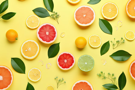 The background consists of an artistic arrangement of summer tropical fruits, accompanied by their lの素材