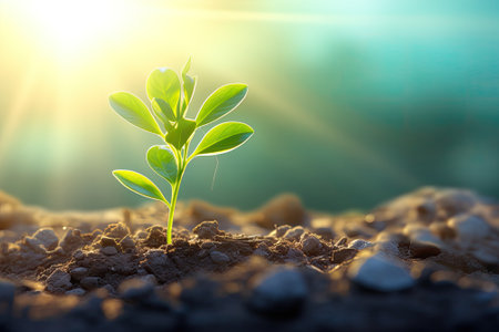 A youthful plant flourishing under the rays of the sun, reflecting the idea of the environment and eの素材