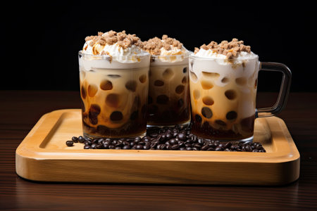 A wooden tray with a bubble milk tea cake on top.の素材