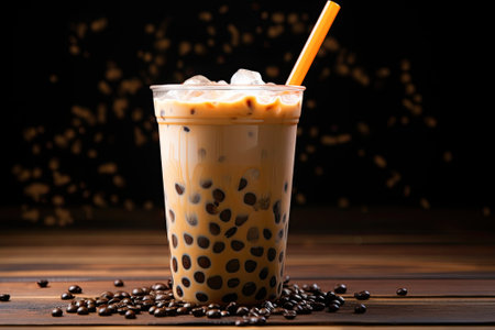 A wooden background showcasing Taiwan's milk tea topped with a layer of bubbles.の素材