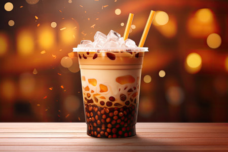 Boba or tapioca pearls, known as Taiwan bubble milk tea, are served in a plastic cup with a chocolatの素材