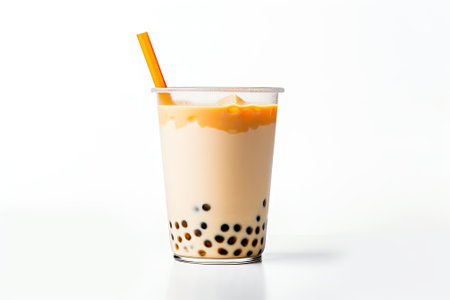 Boba milk tea or Taiwan milk tea with tapioca pearls on a plain white surface.の素材