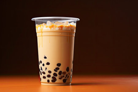 Boba or tapioca pearls, known as Taiwan bubble milk tea, are served in a plastic cup with a chocolatの素材