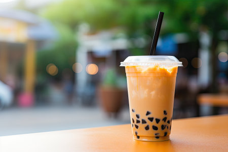 Boba or tapioca pearls, known as Taiwanese bubble milk tea, are served in a plastic cup with a deligの素材