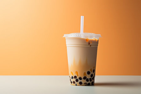 Boba or tapioca pearls represent the iconic Taiwanese bubble milk tea, served in a plastic cup withの素材