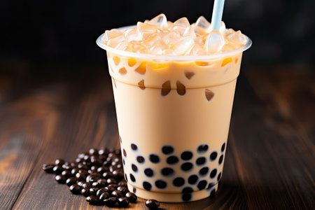 Bubble tea in a plastic cup with tapioca pearls and creamy milkの素材