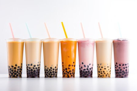 Different types of Bubble Tea lined up in a row with a white background.の素材