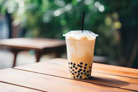 Bubble milk tea from Taiwan placed on a wooden table.の素材