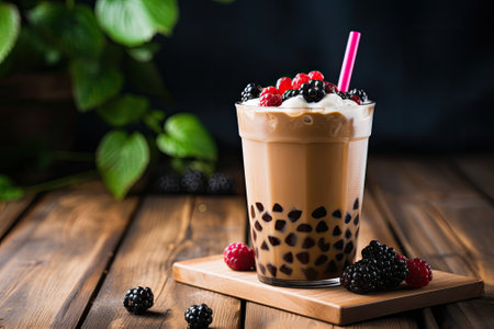 Bubble tea with Tapioca Pearls showcased against a rustic wooden backdrop.の素材