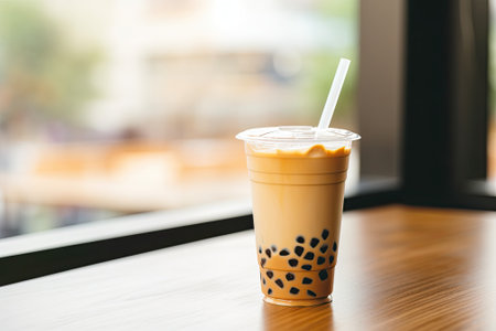 Bubble milk tea from Taiwan placed on a wooden table.の素材