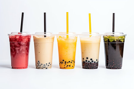 Different kinds of Bubble Tea are presented in plastic cups with beverage straws, perfectly separateの素材
