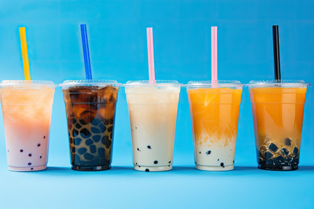 Different types of Bubble Tea served in plastic cups with beverage straws on a blue backdrop. Emphasの素材