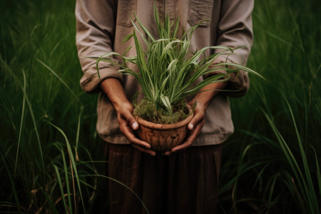 grass in the background, holding a plantの素材