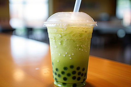 Matcha Green tea Bubble drinks are refreshing beverages served in a plastic cup. They consist of matの素材
