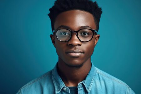 portrait of african young man wearing glasses and blue shirt looking at camera isolated on blue backの素材