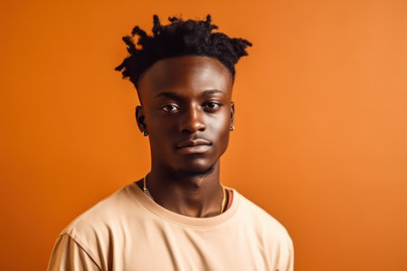 portrait of a young african man dressed in white t shirt standing on the colorful backgroundの素材