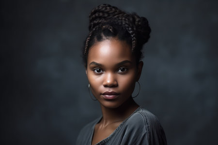 portrait of african young woman with braids hairstyle posing on grey wallの素材