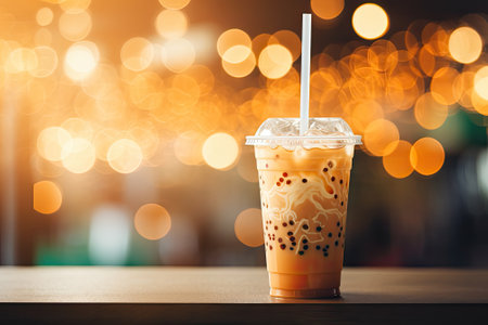 Iced milk tea in a to-go cup with a backdrop of blurred green lights.の素材