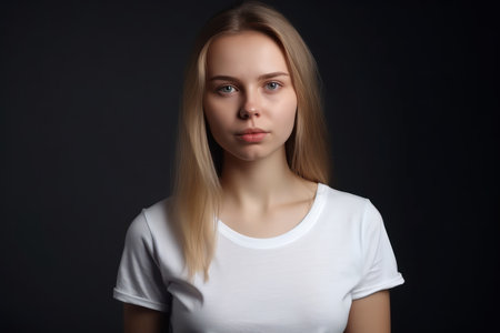 portrait of a young woman in a white t shirtの素材