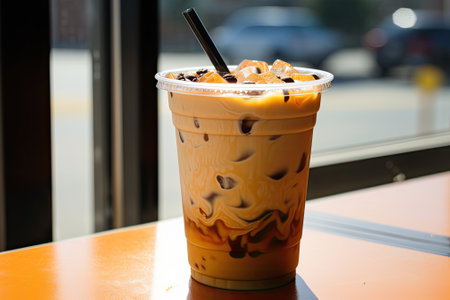 Homemade bubble-loaded Thai milk tea on ice.の素材