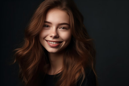 portrait of a young happy woman smiling looking beautiful and elegant looking in camera and sittingの素材