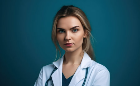 portrait of a young woman doctor on a blue backgroundの素材