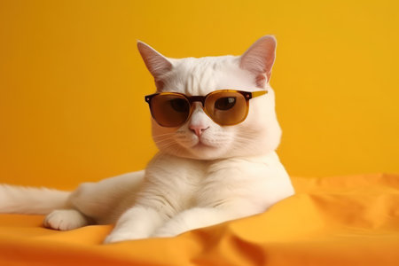 portrait of an adorable white cat in sunglasses and an shirt lies on a fabric hammock isolated on aの素材