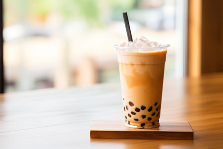 Bubble milk tea from Taiwan placed on a wooden table.の素材