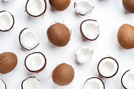 Minimal concept with a coconut pattern against a white background, arranged in a flat lay style.の素材
