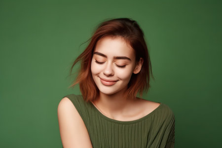 portrait of lovely gorgeous person closed eyes isolated on green color backgroundの素材
