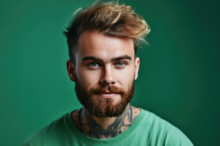 portrait of attractive bearded caucasian man with tattoo on arm and stylish hairstyleの素材
