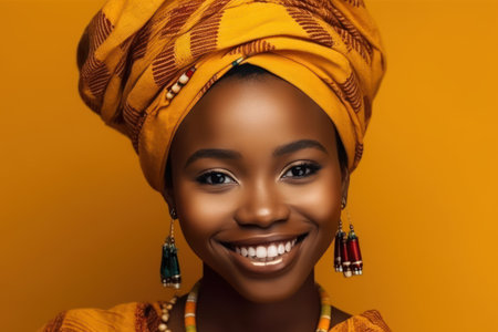 portrait of african woman in national costume smiling at camera isolated on yellow backgroundの素材