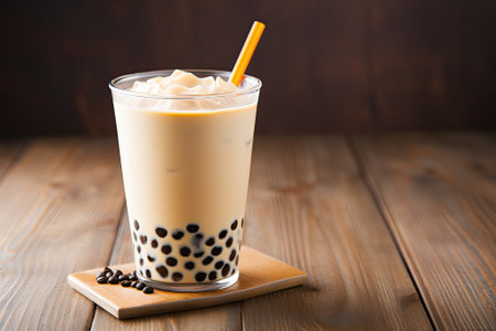 Milk bubble tea with tapioca pearls made from scratch at home.の素材