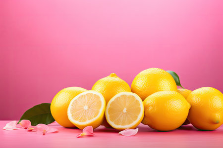 Pink background with lemons placed separatelyの素材