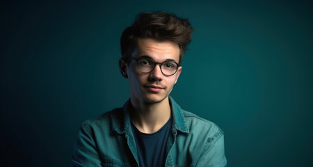 portrait of a young man with glasses in a studio on a blue backgroundの素材
