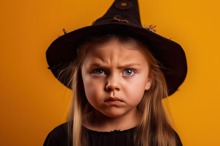 portrait of an angry little girl in a witch costume on a yellow backgroundの素材