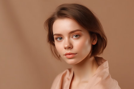 portrait of attractive perfect woman with silky flawless skin hygiene professional cosmetic isolatedの素材