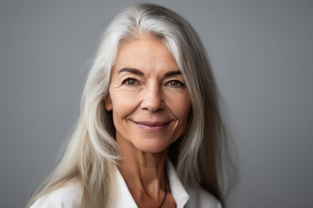 portrait of mature business woman smile while standing against grey backgroundの素材