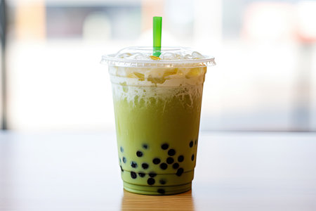 Matcha Green tea Bubble drinks are refreshing beverages served in a plastic cup. They consist of matの素材