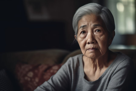 portrait of an unhappy senior asian woman sitting on couch at homeの素材
