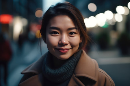 portrait of asian woman smiling charmingly while standing in the middle of modern urban cityの素材