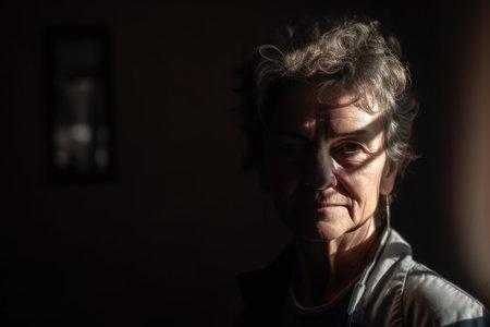portrait of mature female doctor standing against wall with shadowの素材