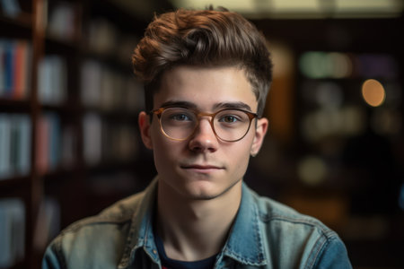 portrait of male teenage student looking into the camera in libraryの素材