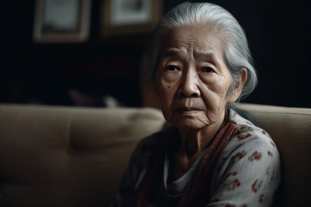 portrait of an unhappy senior asian woman sitting on couch at homeの素材